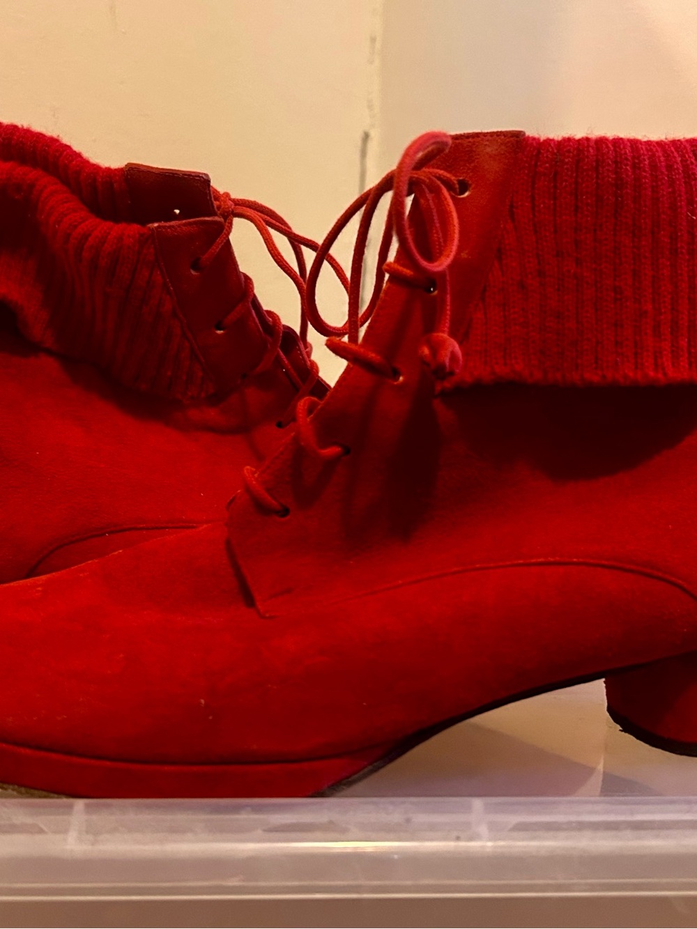 Red Suede Lace-Up Women's Ankle Boots with Slouchy Cuff